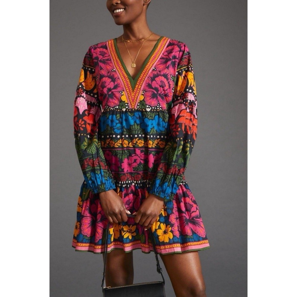 NWT Farm Rio x Anthropologie Midi Dress Womens L Long Sleeve Tropical Floral